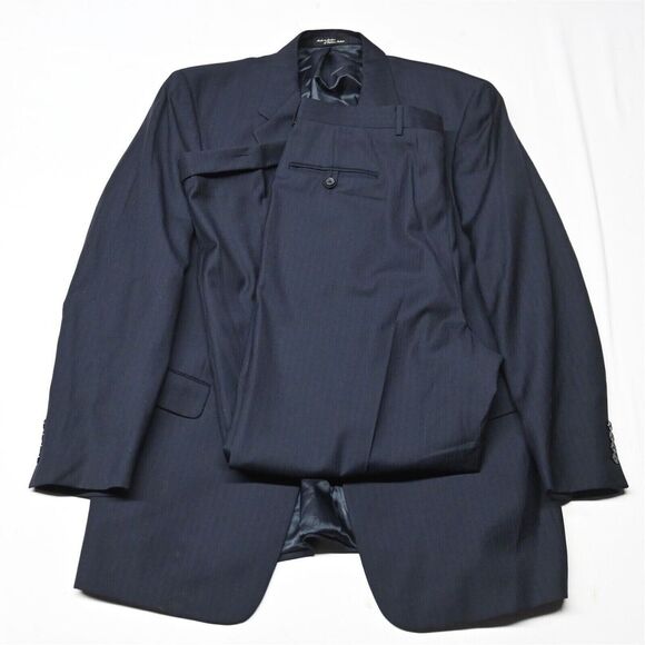 Murano 44L 36x32 Navy Blue Stripe 100% Wool Mens Coat Jacket Pants‎ Suit - Picture 1 of 12